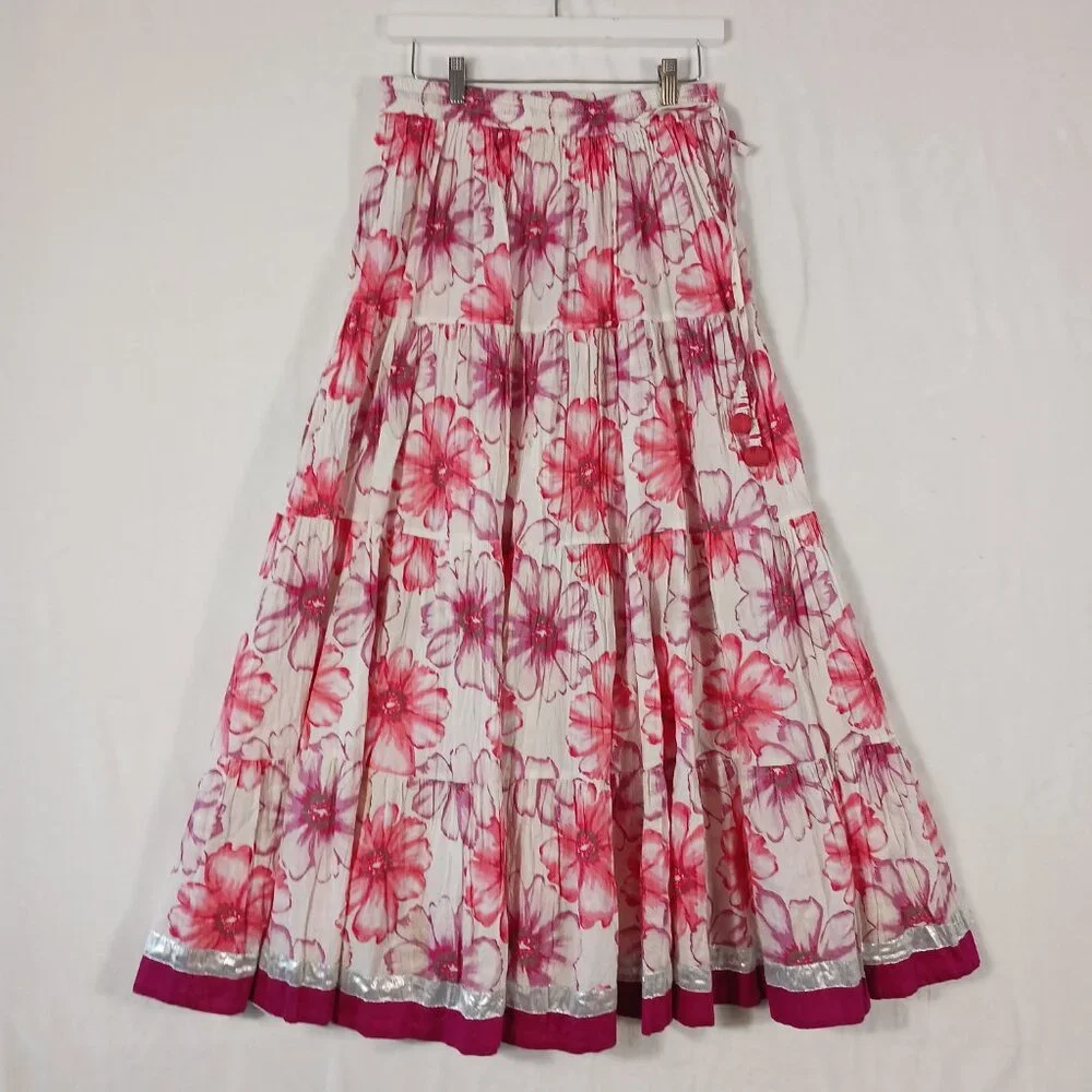 Lalla Nissa, Tiered Maxi Floral Skirt, Medium, Floral Print Stretch Waist w/ Tie